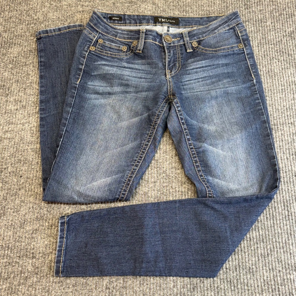 Y2K‎ YMI Skinny Low Rise Jeans 7 Distressed Heavy Whisker Stretch Denim